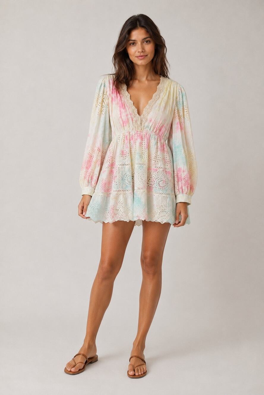 Hemant & Nandita Pastel Tie-Dye Eyelet Mini Dress | Size S